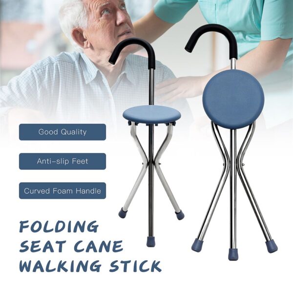 Folding Lightweight Cane Seat, Walking Stick Chair Stool, Travel Stick Chair, Tripod Walking Stick, Portable Medical Folding Stick with Seat - Image 3