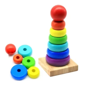 Wooden Rainbow Tower Toy - Stacking Rings Tower